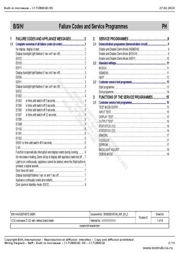 Сервисная инструкция NEFF C17GR00G0, 07, FAILURE-CODES - BUILT-IN MICROWAVE